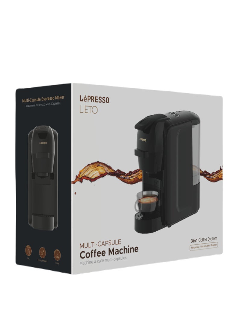 LePRESSO - Lieto 3 in 1 Multifunction Capsule Coffee Machine 0.6L Capacity, Compatible with Nespresso, Dolce Gusto & Powder Coffee, 19 Bar Pump, High Power, Efficient Brew Coffee Maker- Black - Image 1