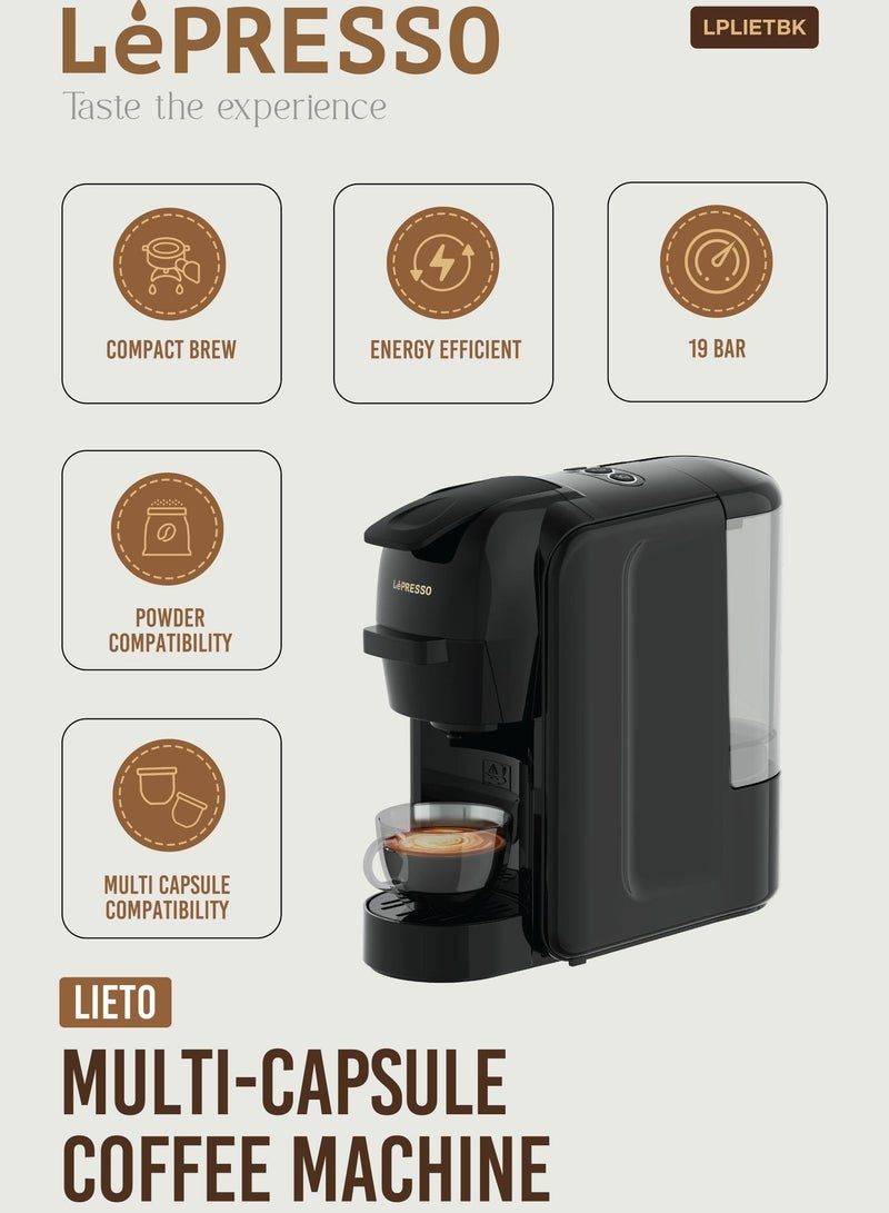 LePRESSO Lieto 3 in 1 Multifunction Capsule Coffee Machine 0.6L Capacity / Compatible with Nespresso / Dolce Gusto & Powder Coffee / 19 Bar Italian Pump / High Power, Efficient Brew Coffee Maker- Black - Image 2