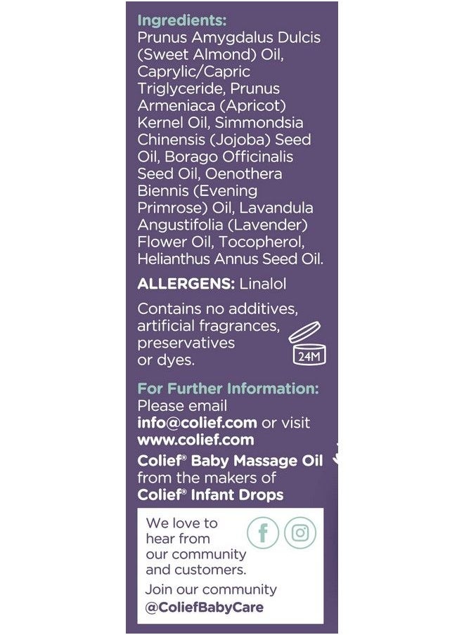 Colief زيت تدليك للأطفال؛ زيت مهدئ للأطفال الرضع؛ مصنوع من مكونات طبيعية 100% بما في ذلك زيت اللوز الحلو وزيت اللافندر والجوجوبا وفيتامين هـ؛ مناسب للأطفال بعمر 3 أشهر فما فوق؛ 3.38 أونصة سائلة  - Image 4