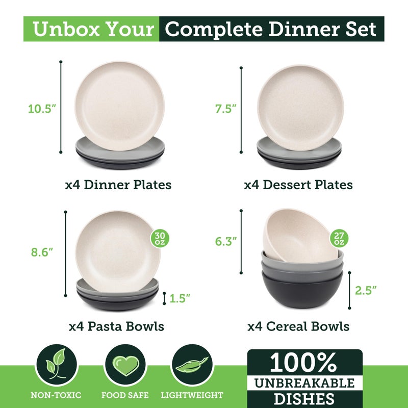 Grow Forward 16-piece Premium Wheat Straw Dinnerware Sets for 4 - Unbreakable Dishwasher & Microwave Safe Plastic Plates and Bowls Sets - Patio, Outdoors, RV, Camping Dishes - Moonlight - Image 3