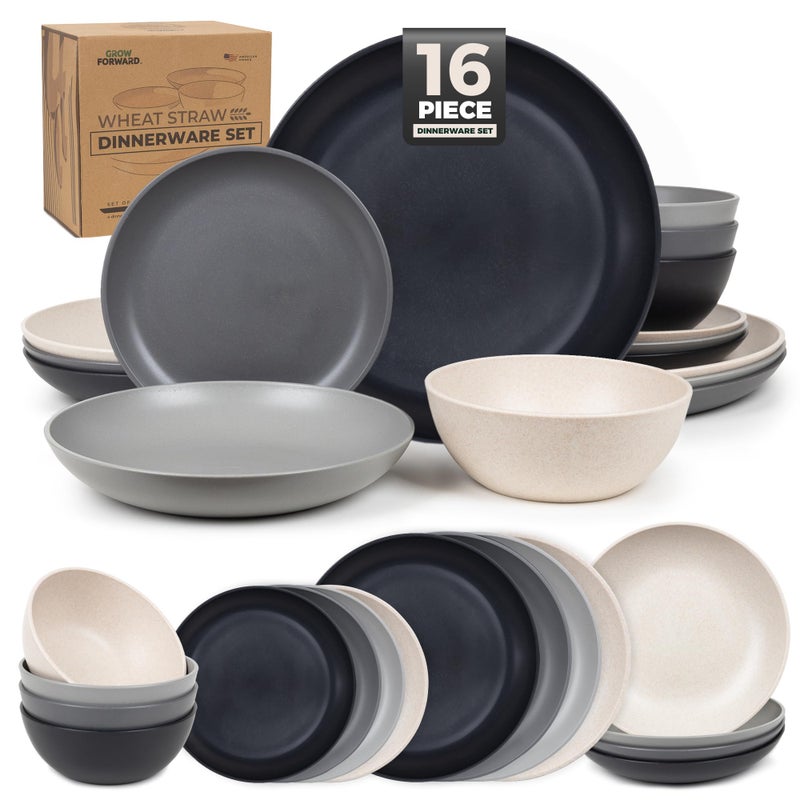 Grow Forward 16-piece Premium Wheat Straw Dinnerware Sets for 4 - Unbreakable Dishwasher & Microwave Safe Plastic Plates and Bowls Sets - Patio, Outdoors, RV, Camping Dishes - Moonlight - Image 1