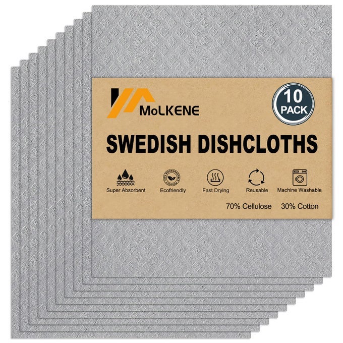 SWEDISH DISHCLOTHS FOR KITCHEN 10 PACK ABSORBENT CELLULOSE SPONGE CLOTHS WASHABLE NONSCRATCH REUSABLE PAPER TOWELS QUICK DRYING CLEANING RAG GREY