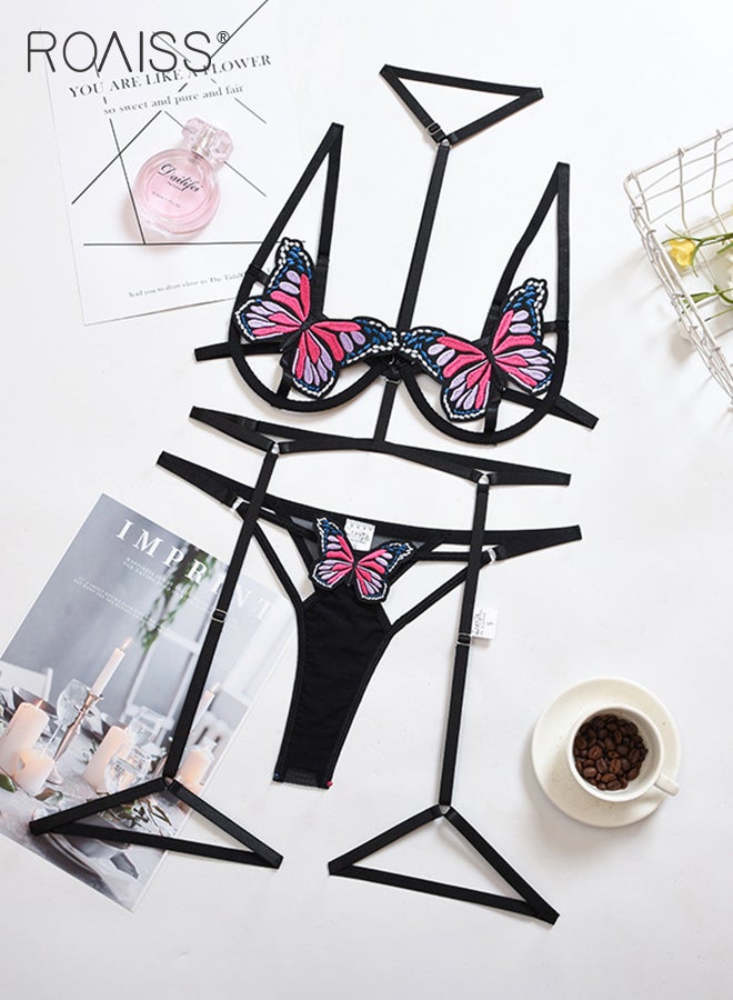 roaiss 3Pcs Butterfly Pattern Lingerie Set for Women Three Point Type Hollow Design Underwear Suit Includes Garters Ladies Adult Babydolls Cosplay Costumes - Image 1