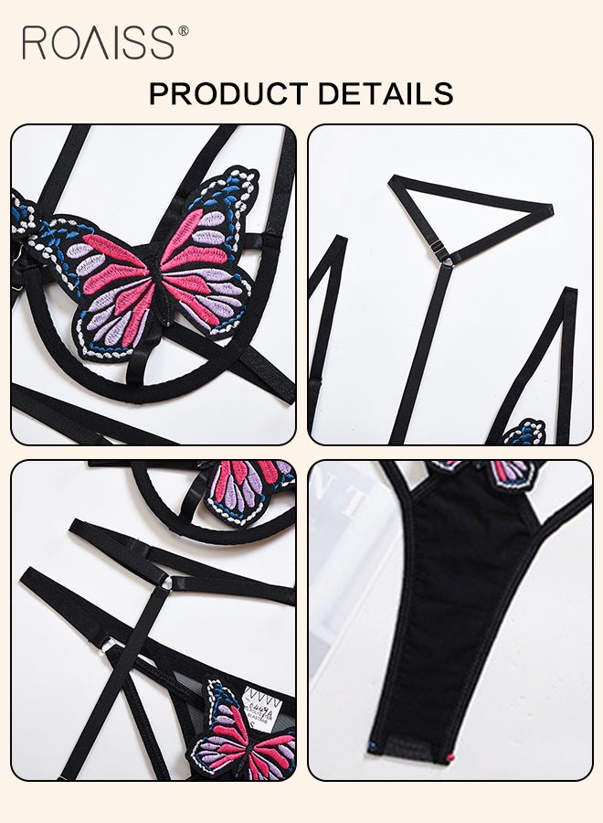 roaiss 3Pcs Butterfly Pattern Lingerie Set for Women Three Point Type Hollow Design Underwear Suit Includes Garters Ladies Adult Babydolls Cosplay Costumes - Image 2