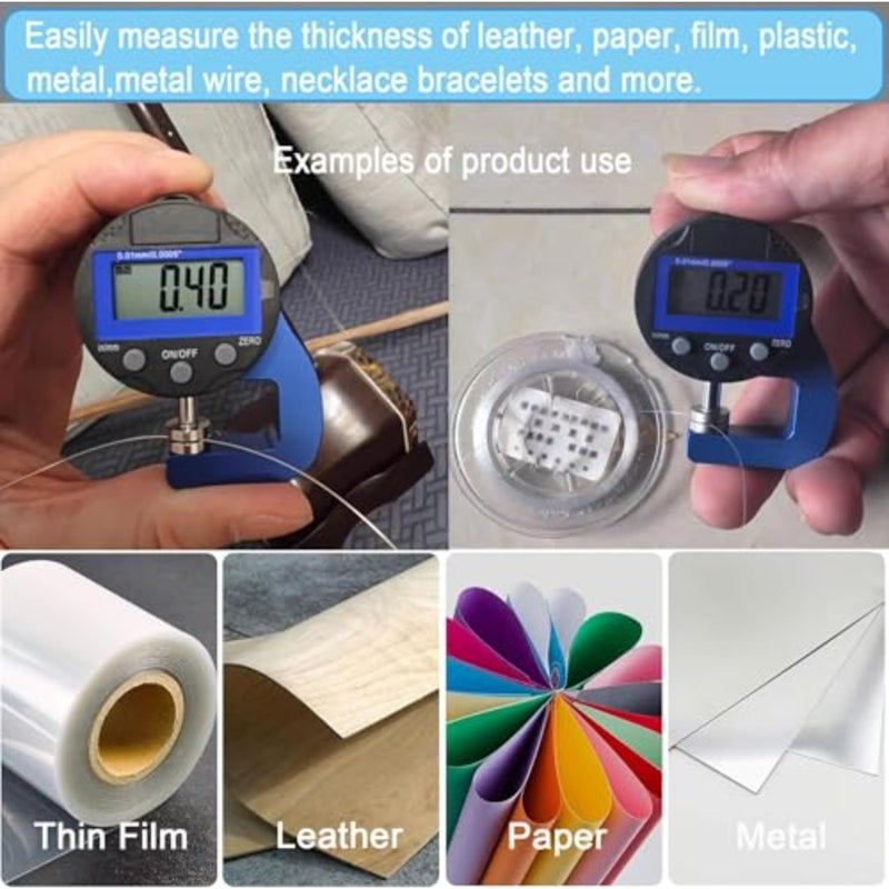 Digital Thickness Gauge for Leather Paper Sheet Metal: 0-10mm Range, 0.01mm/0.0005'' Resolution, LCD Display, Unit Conversion, ABS Plastic Body, Black - Image 2