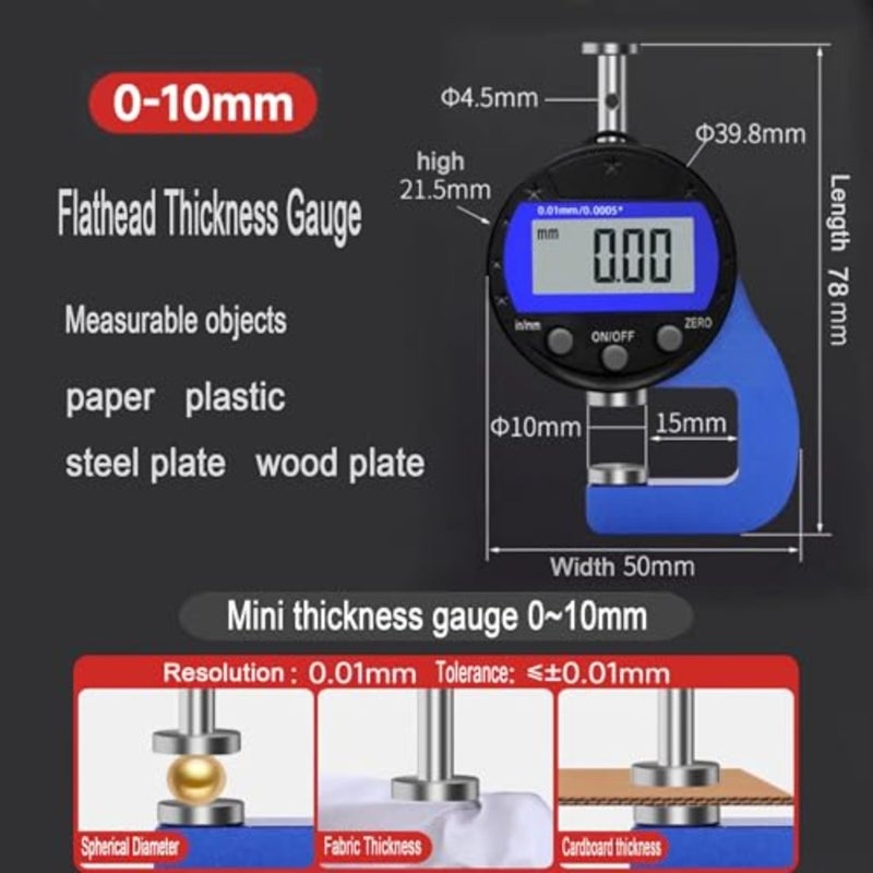 Digital Thickness Gauge for Leather Paper Sheet Metal: 0-10mm Range, 0.01mm/0.0005'' Resolution, LCD Display, Unit Conversion, ABS Plastic Body, Black - Image 4
