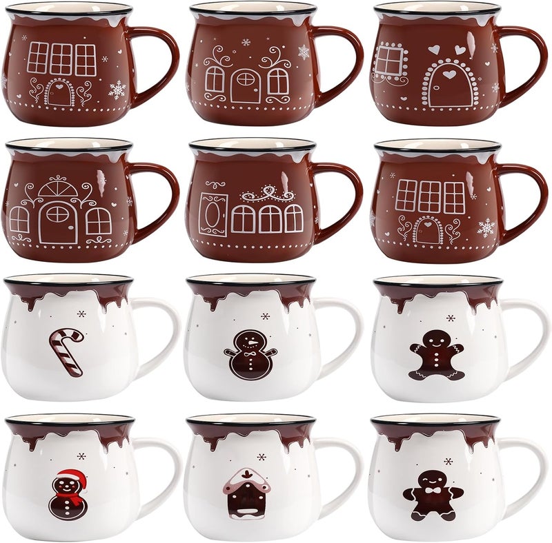 Uiifan 12 Pieces Christmas Gingerbread Mugs Set 12 oz Coffee Ceramic Cup for Holiday Hot Cocoa Milk Tea Coffee Bar Decoration Christmas Gift for Woman Family Friend - Image 1
