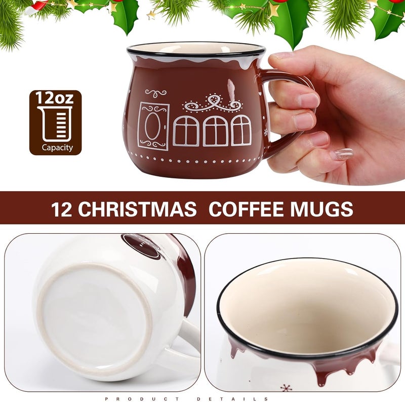 Uiifan 12 Pieces Christmas Gingerbread Mugs Set 12 oz Coffee Ceramic Cup for Holiday Hot Cocoa Milk Tea Coffee Bar Decoration Christmas Gift for Woman Family Friend - Image 2