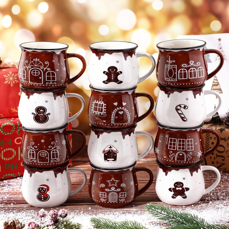 Uiifan 12 Pieces Christmas Gingerbread Mugs Set 12 oz Coffee Ceramic Cup for Holiday Hot Cocoa Milk Tea Coffee Bar Decoration Christmas Gift for Woman Family Friend - Image 3