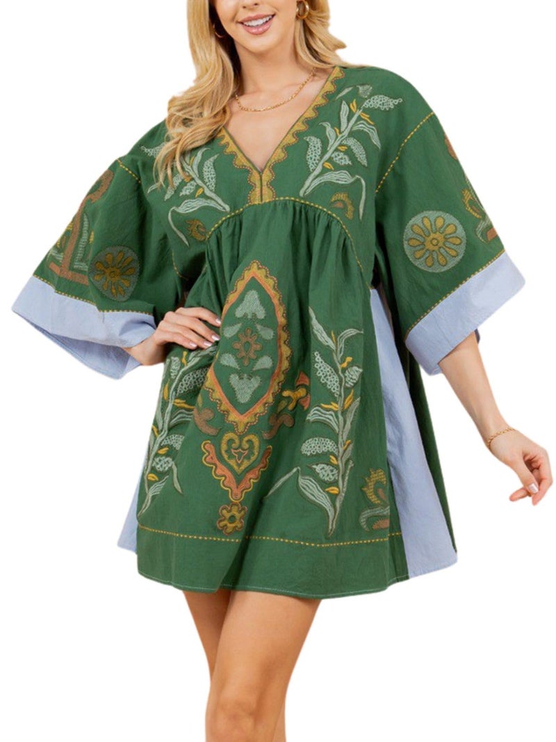 Joiemont Womens Oversized Embroidered Dress with V-Neck and 3/4 Sleeves Vintage Embroidery Babydoll Dress(0603-Green-S) - Image 1