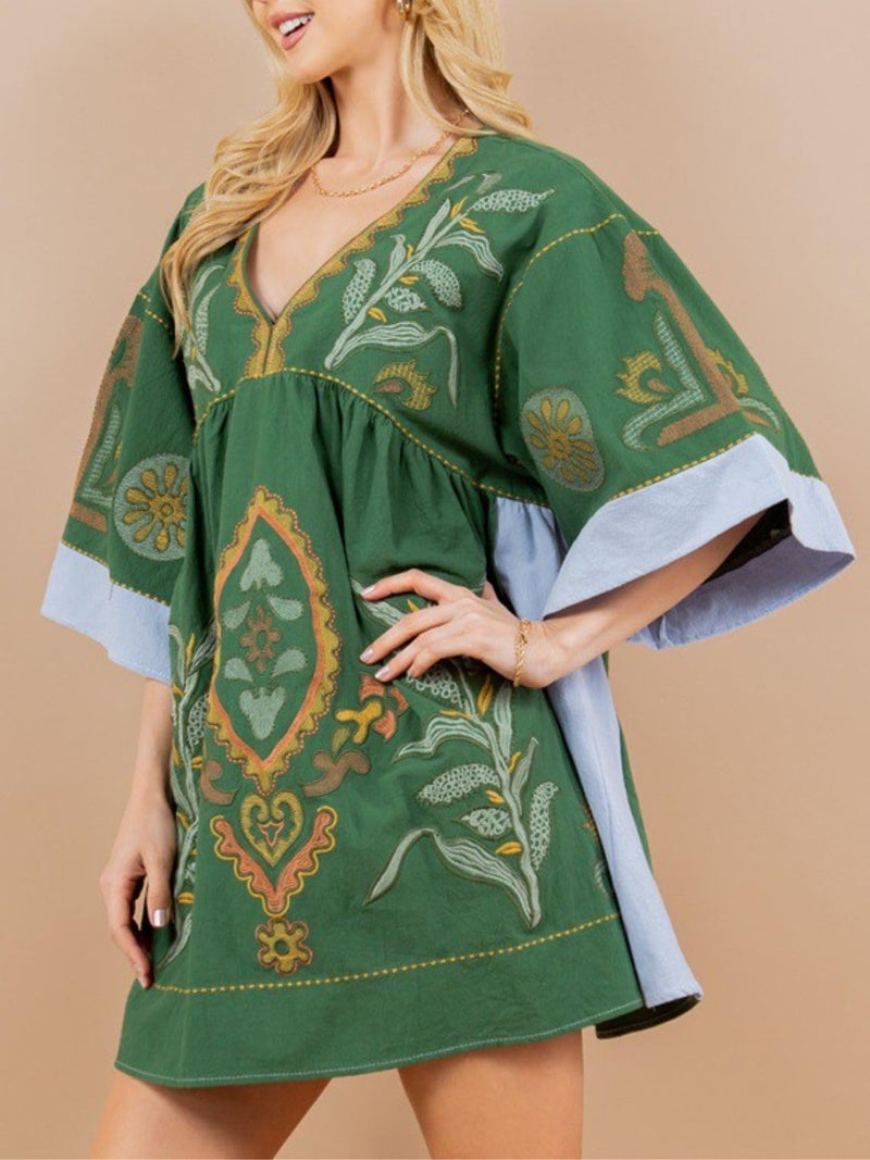 Joiemont Womens Oversized Embroidered Dress with V-Neck and 3/4 Sleeves Vintage Embroidery Babydoll Dress(0603-Green-S) - Image 3