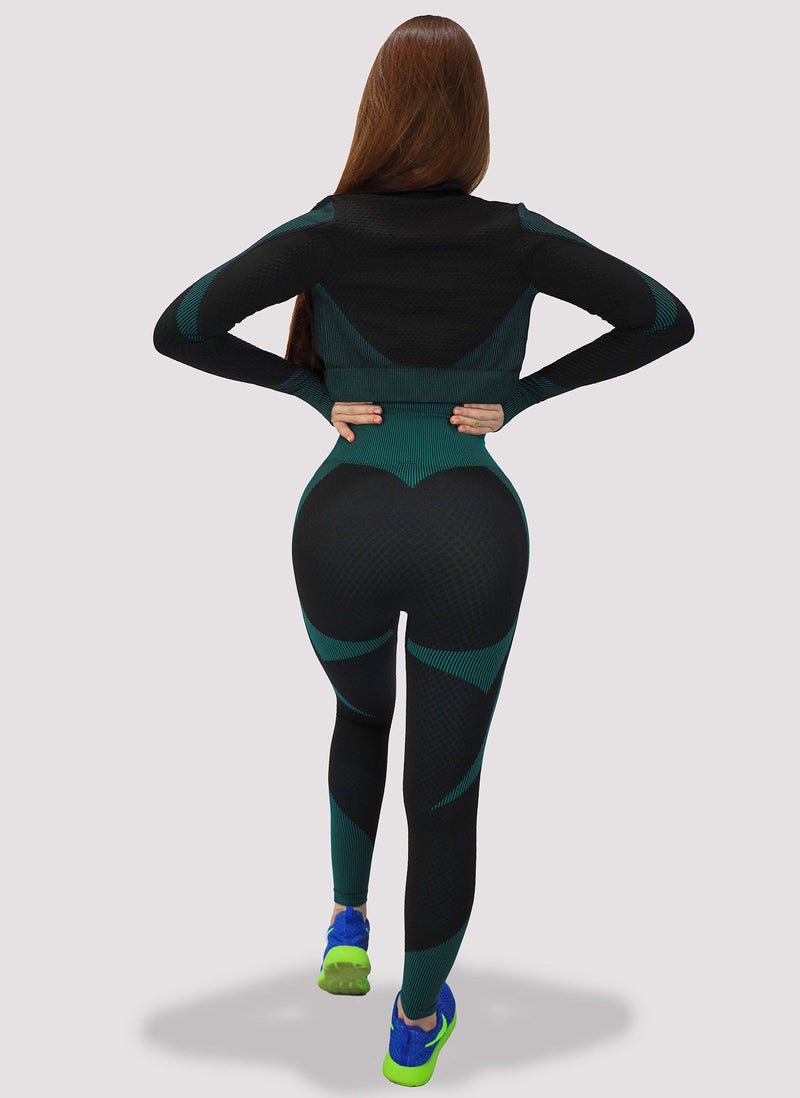 KIDWALA ACTIVE Kidwala Flux Set With Jacket - High Waisted Lift Shaping Legging with Sports Bra with Thumb Hole Front Zipper Crop Jacket Tracksuit Workout Gym Yoga Outfit for Women (Small, Black & Teal) - Image 2