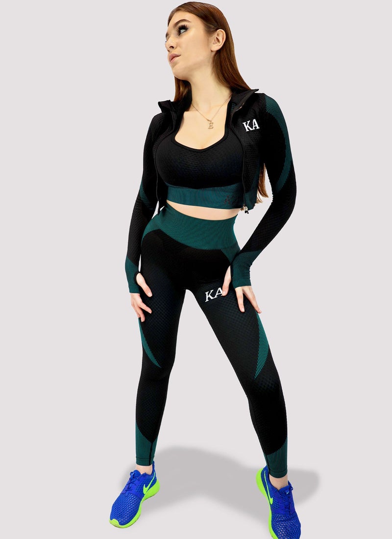 KIDWALA ACTIVE Kidwala Flux Set With Jacket - High Waisted Lift Shaping Legging with Sports Bra with Thumb Hole Front Zipper Crop Jacket Tracksuit Workout Gym Yoga Outfit for Women (Small, Black & Teal) - Image 4