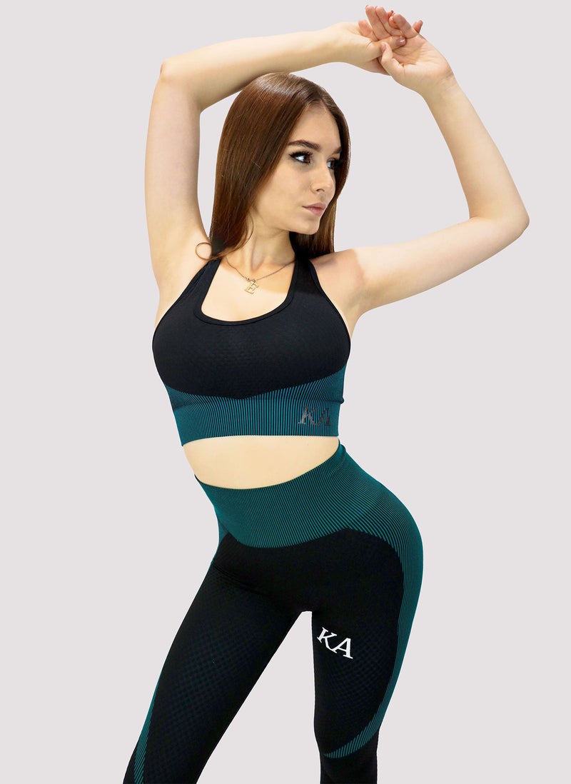 KIDWALA ACTIVE Kidwala Flux Set With Jacket - High Waisted Lift Shaping Legging with Sports Bra with Thumb Hole Front Zipper Crop Jacket Tracksuit Workout Gym Yoga Outfit for Women (Small, Black & Teal) - Image 5