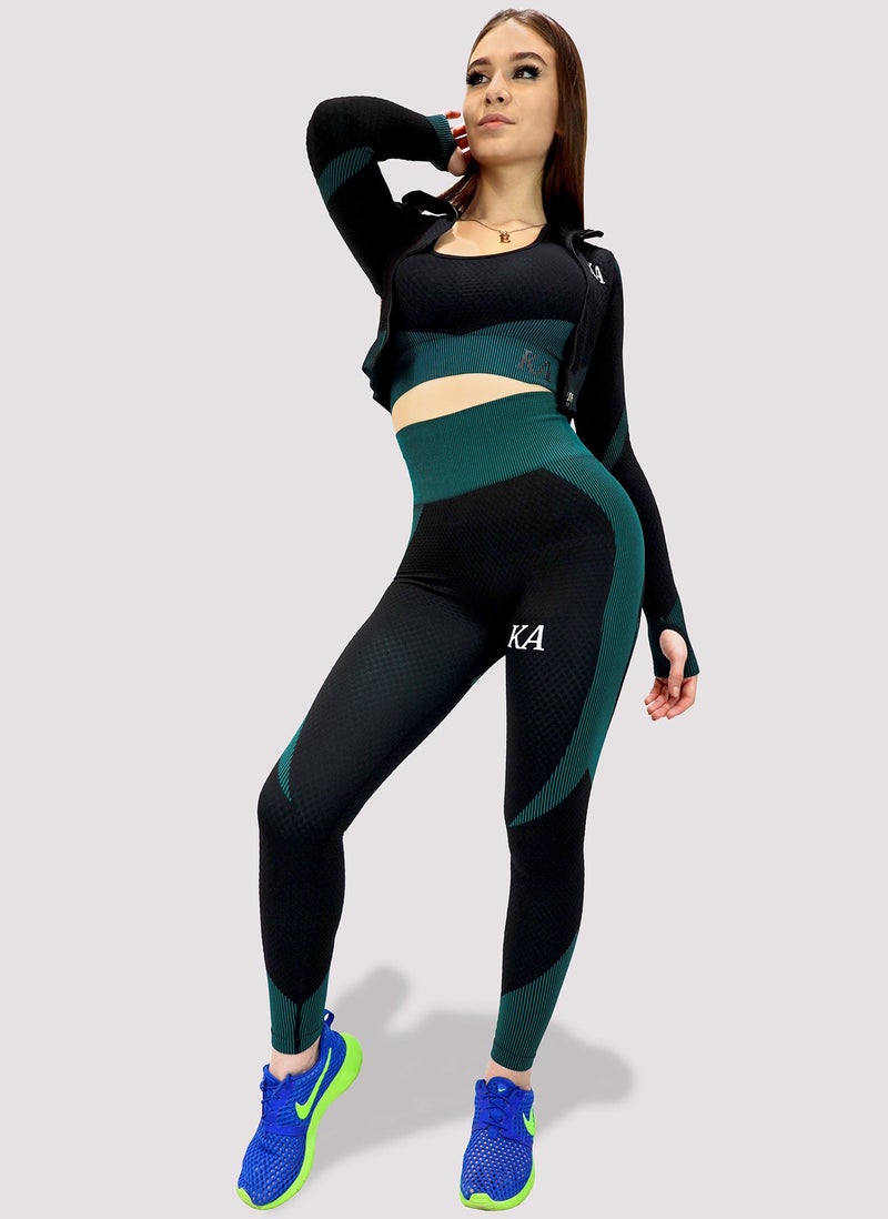 KIDWALA ACTIVE Kidwala Flux Set With Jacket - High Waisted Lift Shaping Legging with Sports Bra with Thumb Hole Front Zipper Crop Jacket Tracksuit Workout Gym Yoga Outfit for Women (Small, Black & Teal) - Image 1