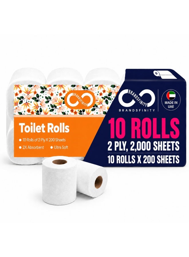 BRANDSFINITY Toilet Paper 2 Ply, 10 Rolls x 200 Sheets, Longer Lasting Absorbent Toilet Roll, Premium Silky Feel Softness Bathroom Tissue, 2 Ply Tissue Thickness - Image 1