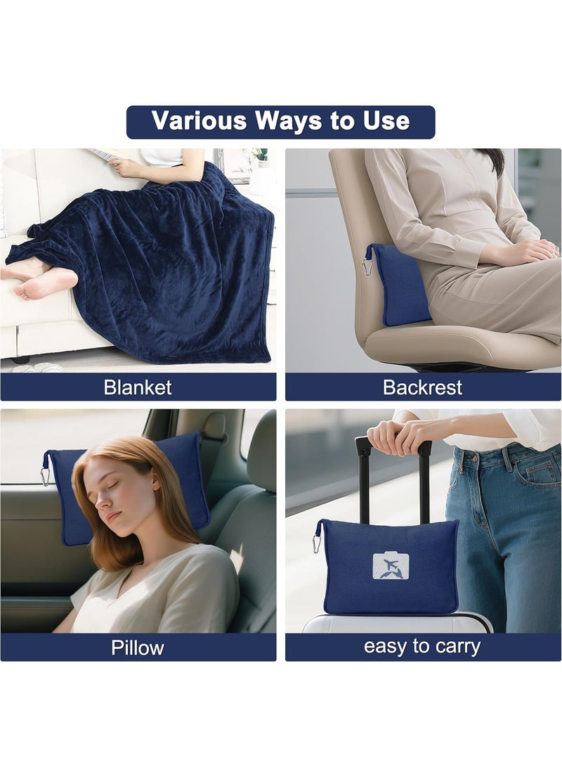 يلا جوي بطانية ووسادة سفر قابلة للتحويل 2 في 4، ناعمة وصغيرة الحجم وخفيفة الوزن وقابلة للتعبئة مع جراب حقيبة اليد ومشبك حقيبة الظهر للرحلات الجوية والسيارة (أزرق غامق) - Image 2