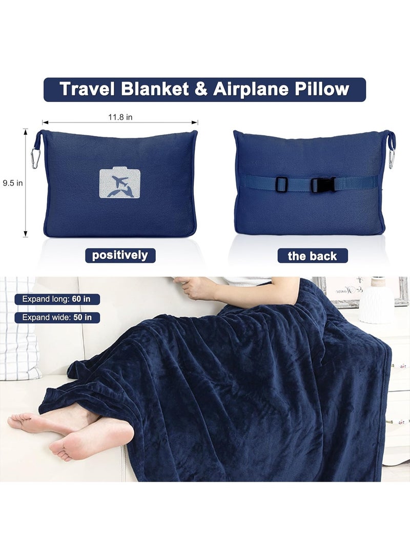يلا جوي بطانية ووسادة سفر قابلة للتحويل 2 في 4، ناعمة وصغيرة الحجم وخفيفة الوزن وقابلة للتعبئة مع جراب حقيبة اليد ومشبك حقيبة الظهر للرحلات الجوية والسيارة (أزرق غامق) - Image 3