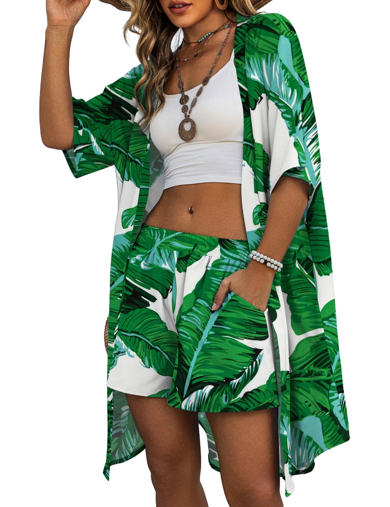 REDHOTYPE Womens Vacation Outfits Hawaiian Style 2 Piece Sets Colorful Print Long Cover Ups Half Sleeve Shorts Set Beach Dresses Green Leaf,L - Image 1