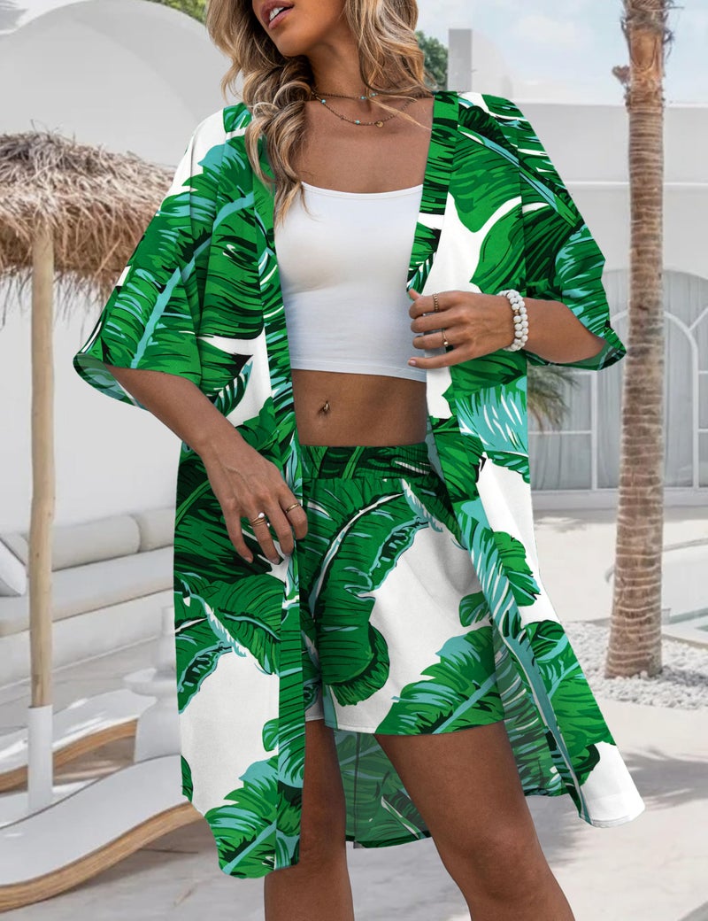 REDHOTYPE Womens Vacation Outfits Hawaiian Style 2 Piece Sets Colorful Print Long Cover Ups Half Sleeve Shorts Set Beach Dresses Green Leaf,L - Image 2