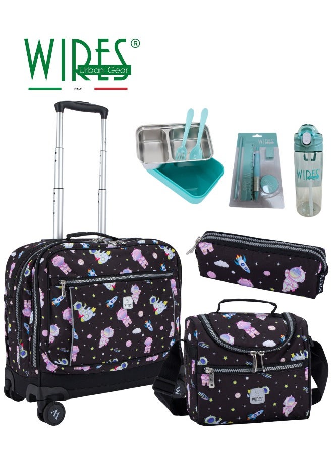 Wires 3 Piece Kids School Trolley Bag laptop compartment 8Wheels With Lunch bag & Pencil Case  - Image 1