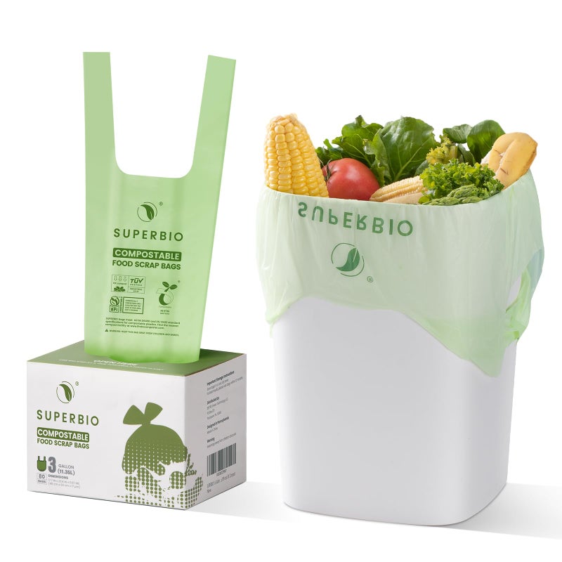 SUPERBIO 3 Gallon Compostable Food Waste Bags, 80 Count, Food Scrap Bags with Handles, ASTM D6400, BPI and OK compost INDUSTRIAL - Image 3
