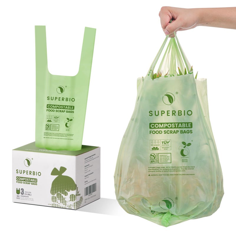 SUPERBIO 3 Gallon Compostable Food Waste Bags, 80 Count, Food Scrap Bags with Handles, ASTM D6400, BPI and OK compost INDUSTRIAL - Image 1