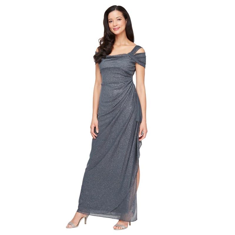 Alex Evenings Women's Long Cold Shoulder Dress (Petite and Regular Sizes), Smoke Glitter, 10 - Image 4