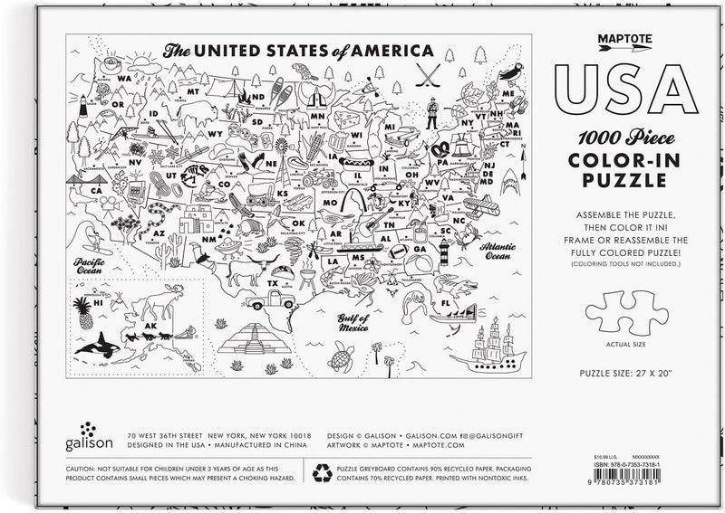 Galison Maptote USA Color-in 1000 Piece Puzzle - Fun and Challenging Jigsaw Puzzle, Thick and Sturdy Pieces, Ages 13 and Up - Image 3