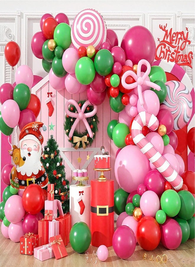 Sowide Christmas Balloon Arch Kit, Hot Pink Red Green Metallic Gold Balloons with Snowflake Santa Claus Lollipop Crutch Candy Long Balloons for Christmas Party Xmas Eve Decorations New Year Holiday Supplies - Image 1