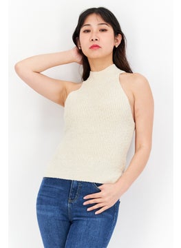 Women Crew Neck Sleeveless Knitted Top, Cream