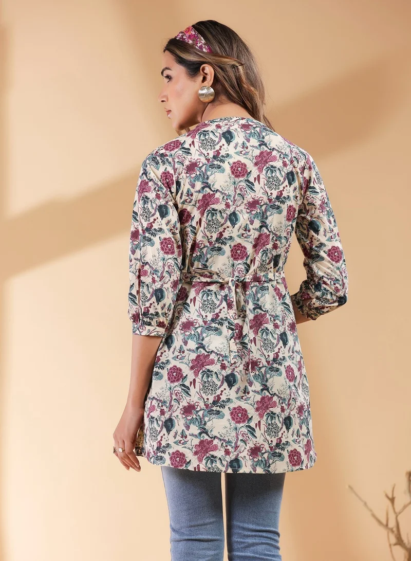 kolaba Beige Cotton Printed Band Collar Tunic