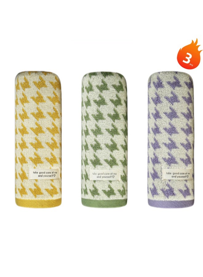 3-pack combed cotton towels, printed with a houndstooth pattern, thickened and absorbent to prevent hair and color loss, household face towel set - Image 1