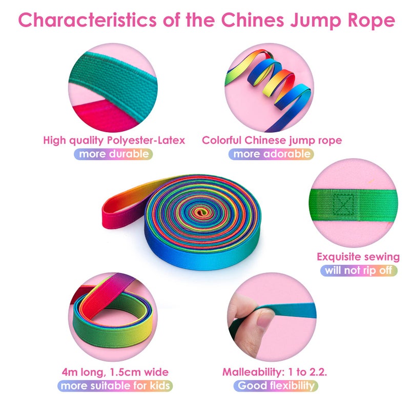 Cikyner Chinese Jump Rope, 4m Long 1.5cm Wide Elastic Chinese Ropes with Instructions French Skipping Rainbow Band for Indoor and Outdoor Children Jumpsies Games, Ideal for Gifts for Girls and Boys - Image 2