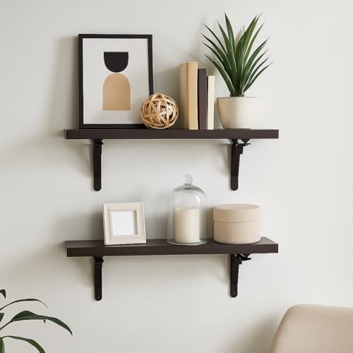 Heartily Set of 2 Wall Shelves with Metal Brackets | 15"x7" Engineered Wood Planks | Floating Wall Shelf for Living Room, Bedroom, Kitchen & Office – Dark Brown - Image 1