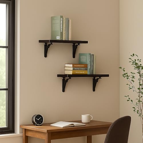 Heartily Set of 2 Wall Shelves with Metal Brackets | 15"x7" Engineered Wood Planks | Floating Wall Shelf for Living Room, Bedroom, Kitchen & Office – Dark Brown - Image 3