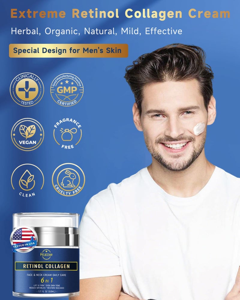 Felicemy 6-in-1 Face Cream for Men, Mens Face Moisturizer, Anti-Aging Face Cream for Men with Retinol Collagen & Hyaluronic Acid, Eye Bags & Dark Spot Remover, After Shave Lotion 1.7 Fl Oz - Image 3