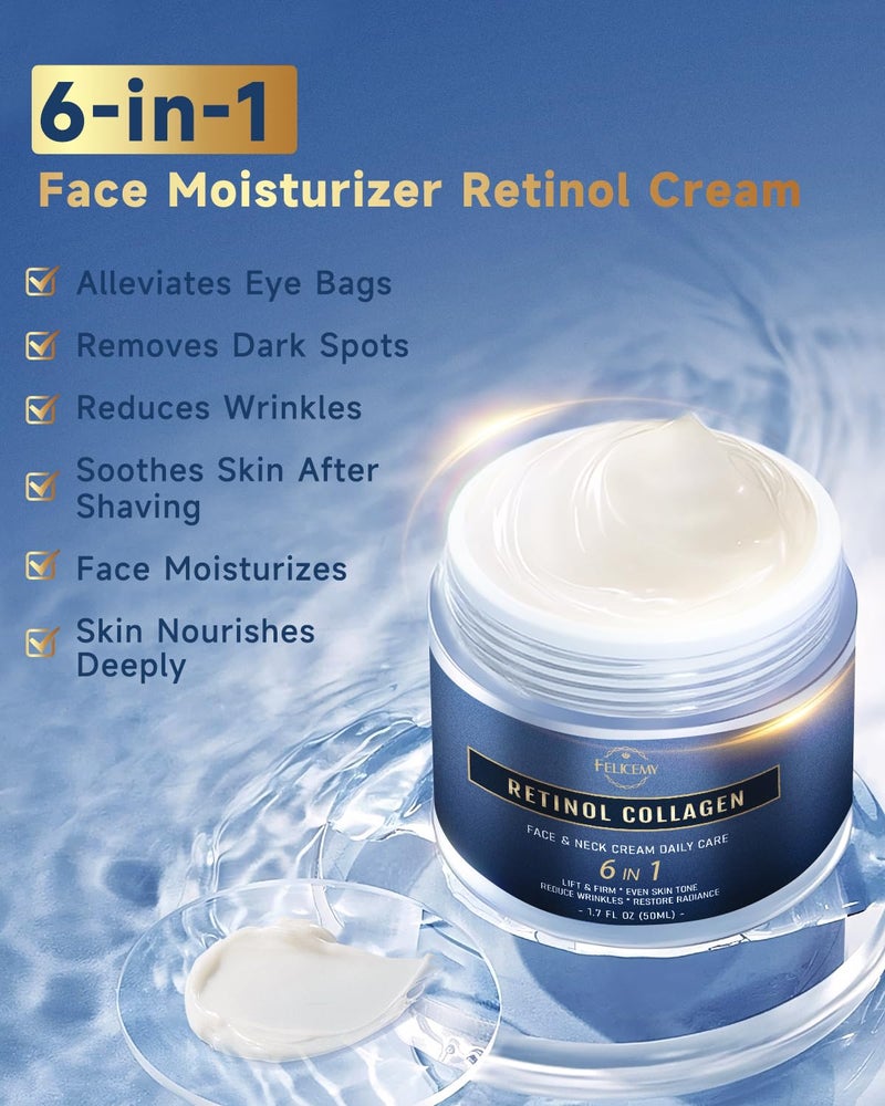 Felicemy 6-in-1 Face Cream for Men, Mens Face Moisturizer, Anti-Aging Face Cream for Men with Retinol Collagen & Hyaluronic Acid, Eye Bags & Dark Spot Remover, After Shave Lotion 1.7 Fl Oz - Image 2