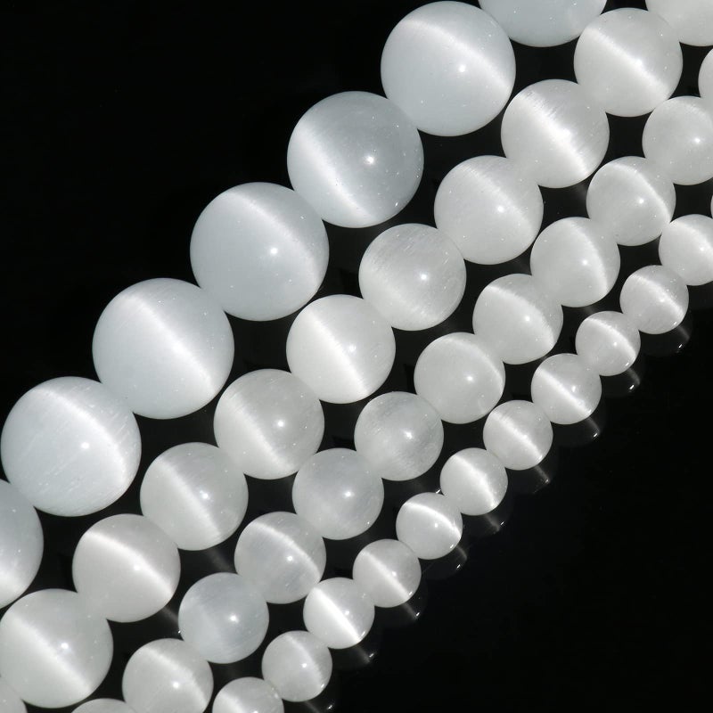 Yochus 8mm White catEye Round Loose Beads Natural Stone Beads for Jewelry Making