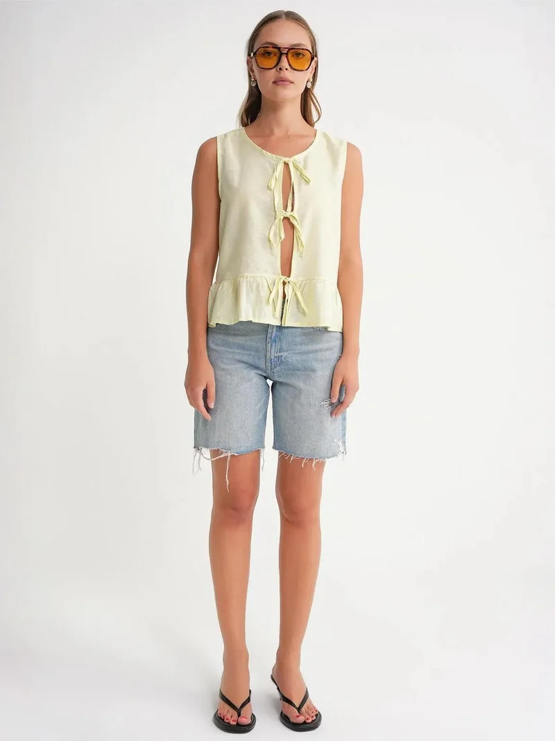 Mixray Lemon Yellow Mixray Frilly Tie Front Blouse for Women | Best Price UAE