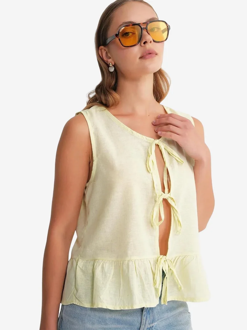 Mixray Lemon Yellow Mixray Frilly Tie Front Blouse for Women | Best Price UAE
