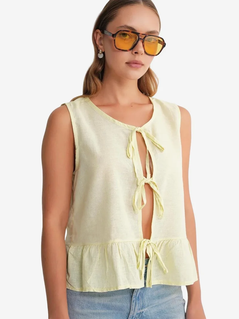 Mixray Lemon Yellow Mixray Frilly Tie Front Blouse for Women | Best Price UAE