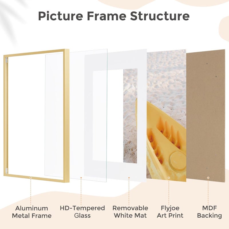 FLYJOE 12x16 Metal Picture Frame for Wall with Mat for 9x12, 12''x16'' Aluminum Photo Frames With Tempered Glass, Minimalist Modern Poster Frame Horizontally and Vertically, Gold - Image 5