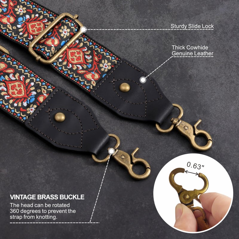 Nefelibata Purse Strap-2" Crazy Horse Leather Wide Shoulder Strap Adjustable Replacement,Retro knit Embroidery Multi-pattern Crossbody Bag Straps for Handbag,Crossbody Bags(Leather Red Embroidery) - Image 3