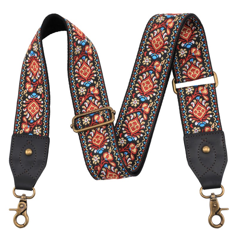 Nefelibata Purse Strap-2" Crazy Horse Leather Wide Shoulder Strap Adjustable Replacement,Retro knit Embroidery Multi-pattern Crossbody Bag Straps for Handbag,Crossbody Bags(Leather Red Embroidery) - Image 1