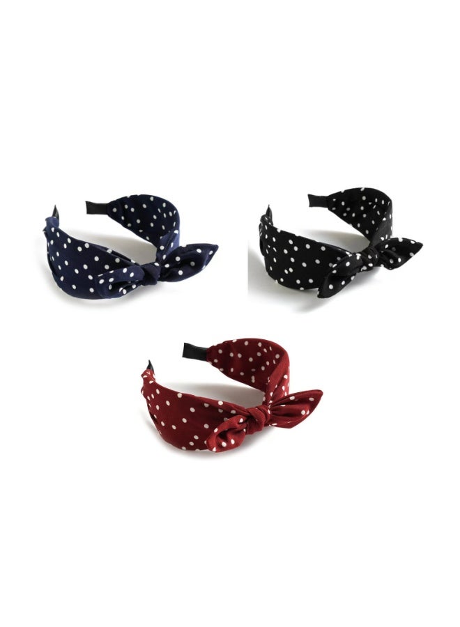 Polka Dot Bow Headband, Wide Knot Design, 3-Pack in Navy Blue, Black,red - Image 1