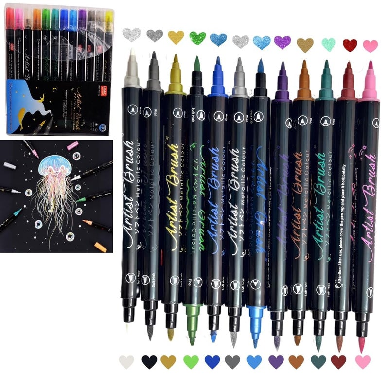PROBABE Metallic Brush Marker Pen Set for Kids 12 Vibrant Dual Tip Colors for Art, Craft & Calligraphy | Premium Artist Brush Pens for DIY Projects, Scrapbooking, Card Making - Image 1