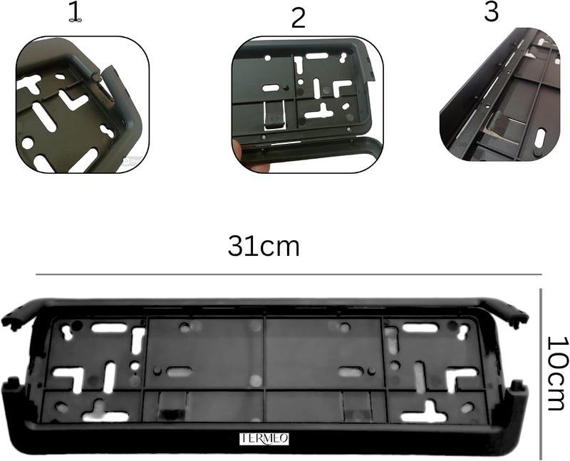 TERMEO حامل لوحات الأرقام الرياضية الفاخرة من نوع Premium Side Mini، مكون من قطعتين (لون أسود)، مناسب لجميع أحجام لوحات الأرقام في دولة الإمارات العربية المتحدة (مقاس 31x10 سم) - Image 2