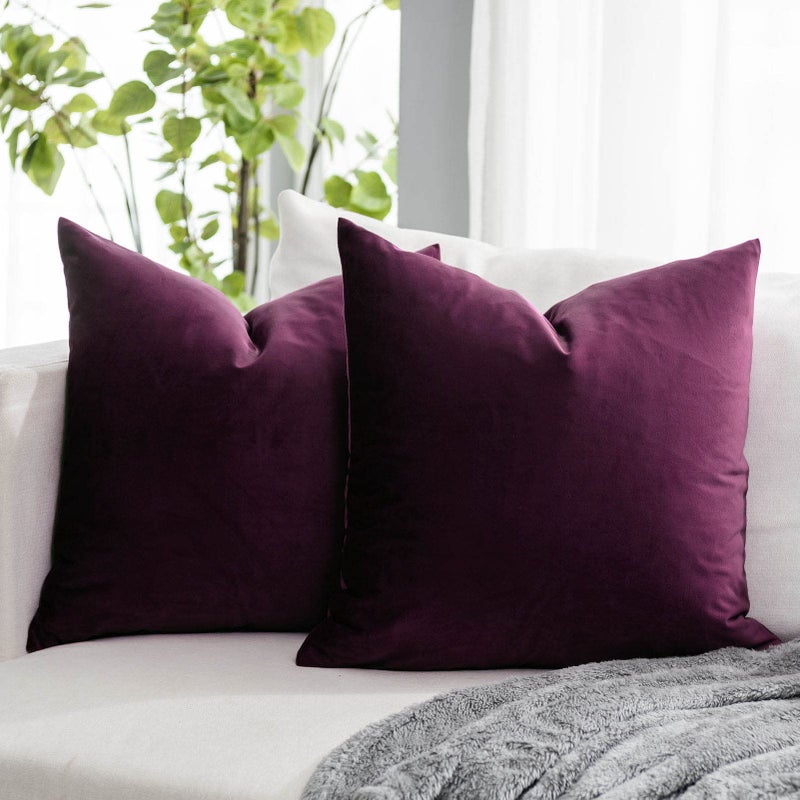 QUAFOO Eggplant Purple Decorative Velvet Throw Pillow Covers 20x20 inch Set of 2 with Zipper Luxury Soft Solid Square Cushion Covers Case for Sofa Couch Bed Living Room - Image 1