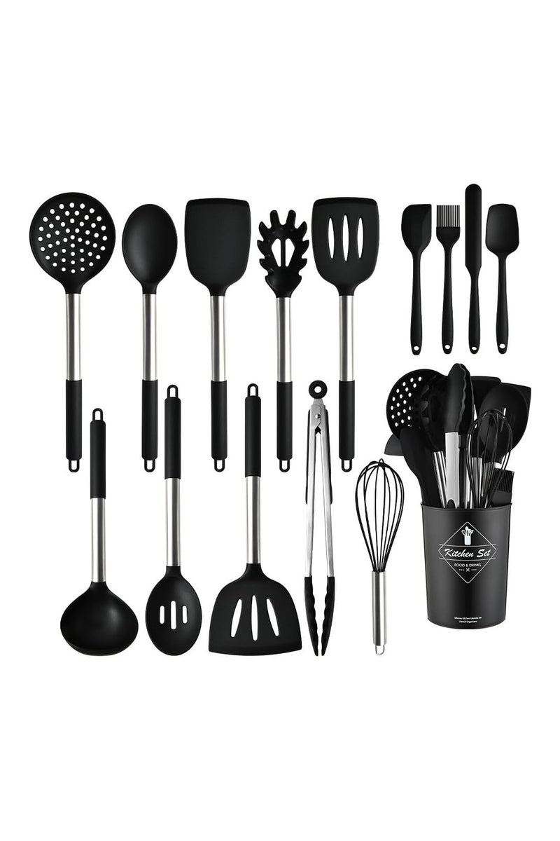 Arahome 15-Piece Stainless Steel Handle Silicone Kitchen Utensil Set - Food Grade Non-Stick Cooking Spatula, Spoon & Baking Tools - Heat Resistant for Home Use(Black) - Image 1